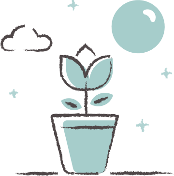 Illustration of a plant growing in a pot at night with the moon, a cloud and stars